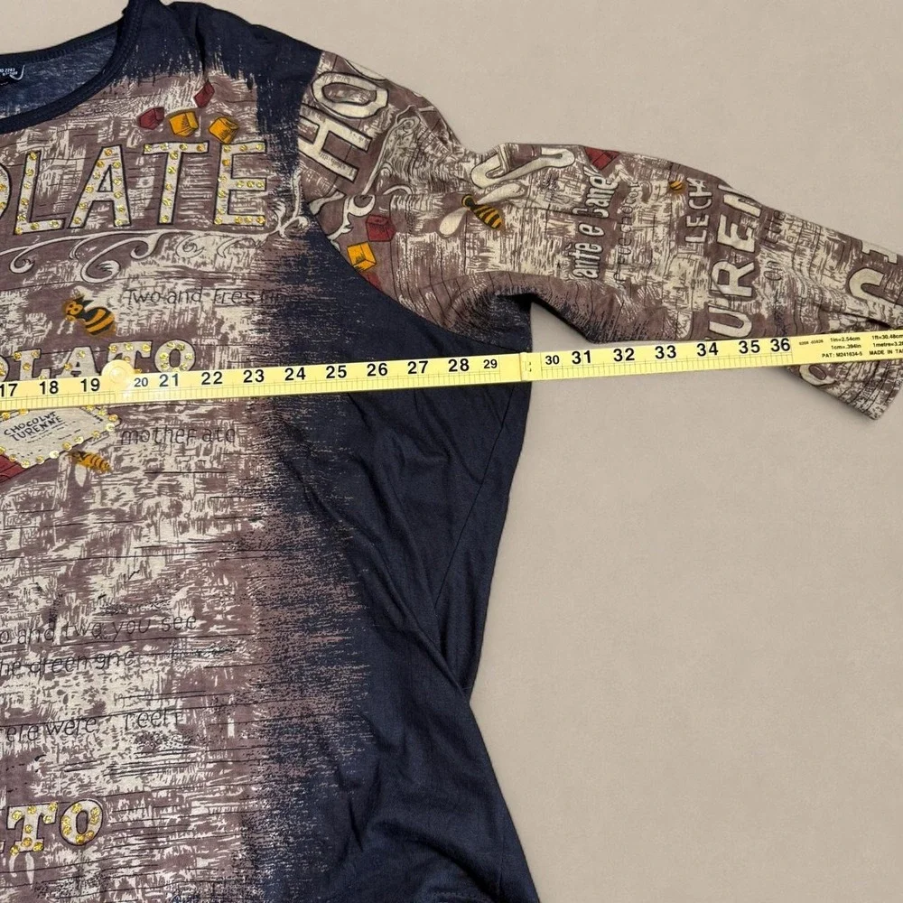 Y2K Euro Style Chocolate Graphic Rhinestone Long Sleeve Top 2X Brown